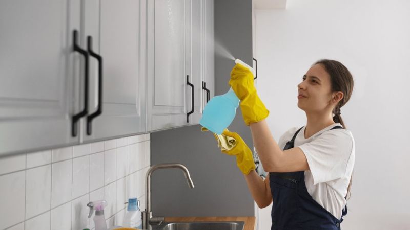 Девушка убирает на кухне по рекомендациям лунного и церковного календарей