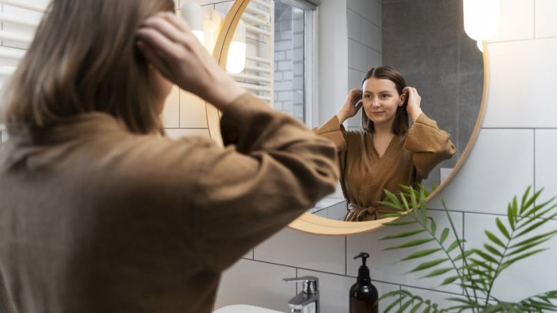 Женщина в ванной комнате, где ее может подстерегать скрытая опасность