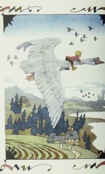 Репродукция разворотной иллюстрации из книги Сельмы Лагерлеф Чудесное путешествие Нильса с дикими гусями. Художники Э. Булатов и О. Васильев. Издательство Малыш