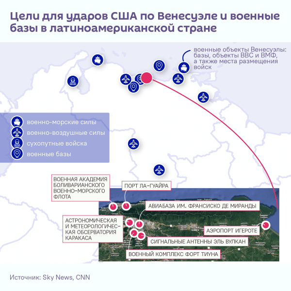 Карта ударов США по Венесуэле и расположения военных баз