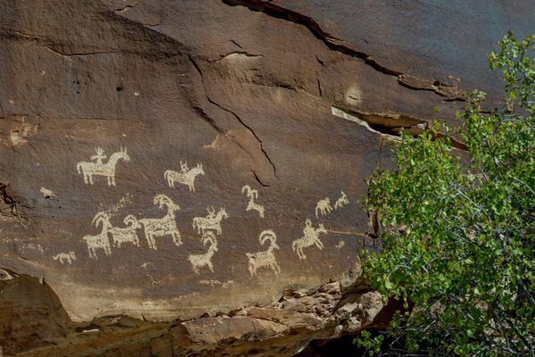 Знаменитые петроглифы в национальном парке американского штата Юта. Наскальный рисунок изображает сцену охоты.