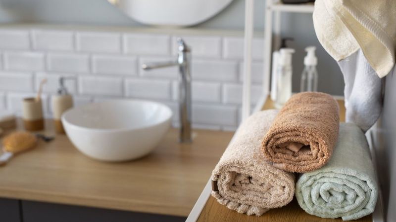Стопка разноцветных полотенец, которые со временем теряют мягкость, лежит на этажерке рядом с раковиной в ванной комнате
