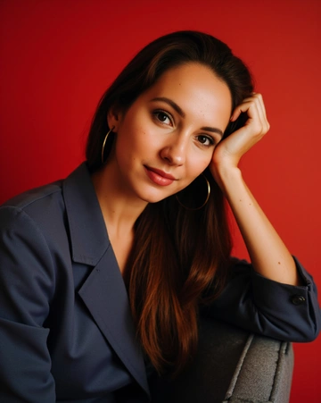 Женщина в синем жакете сидит у стены на фоне красного фона, смотрит в камеру.