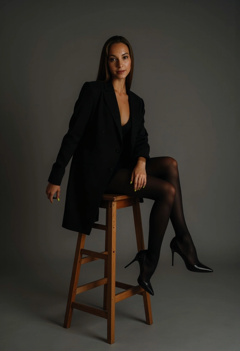 Женщина в чёрном жакете и колготках сидит на высоком деревянном стуле, фон — тёплый серый.