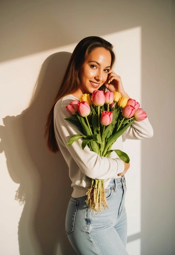 Женщина в белой футболке и джинсах держит букет розовых тюльпанов у стены.